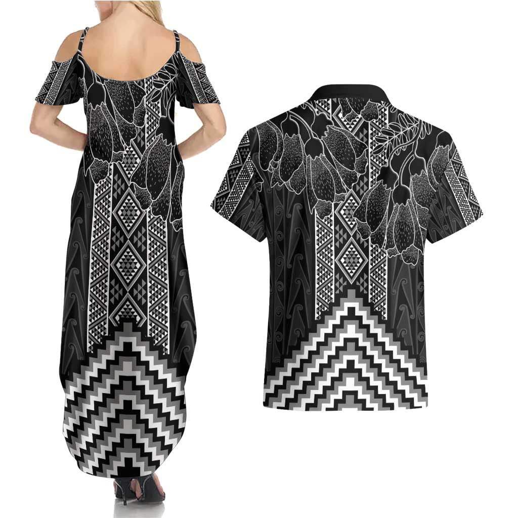Aotearoa Taniko Pattern Couples Matching Summer Maxi Dress and Hawaiian Shirt Poutama Mix Kowhai Flowers LT7 - Polynesian Pride