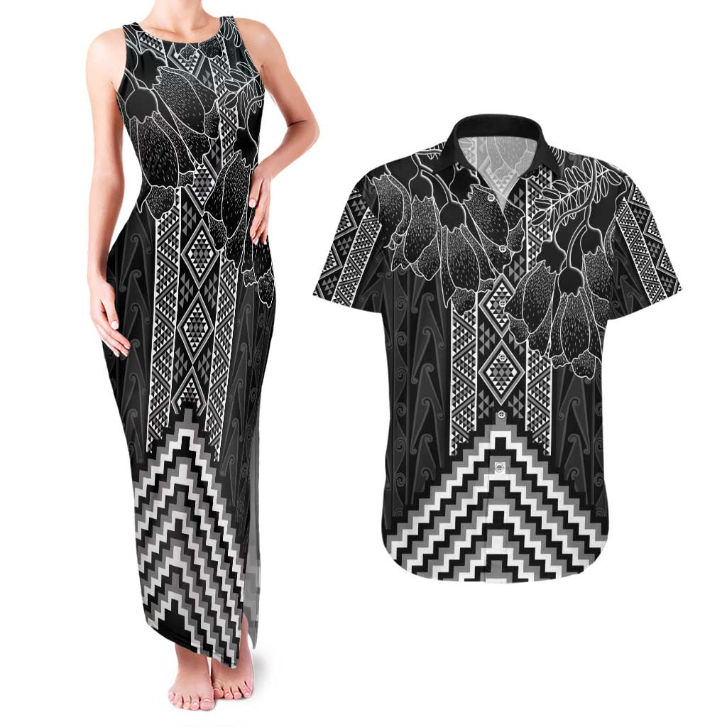 Aotearoa Taniko Pattern Couples Matching Tank Maxi Dress and Hawaiian Shirt Poutama Mix Kowhai Flowers LT7 Grey - Polynesian Pride