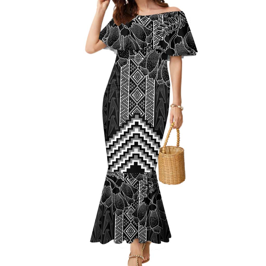 Aotearoa Taniko Pattern Family Matching Mermaid Dress and Hawaiian Shirt Poutama Mix Kowhai Flowers