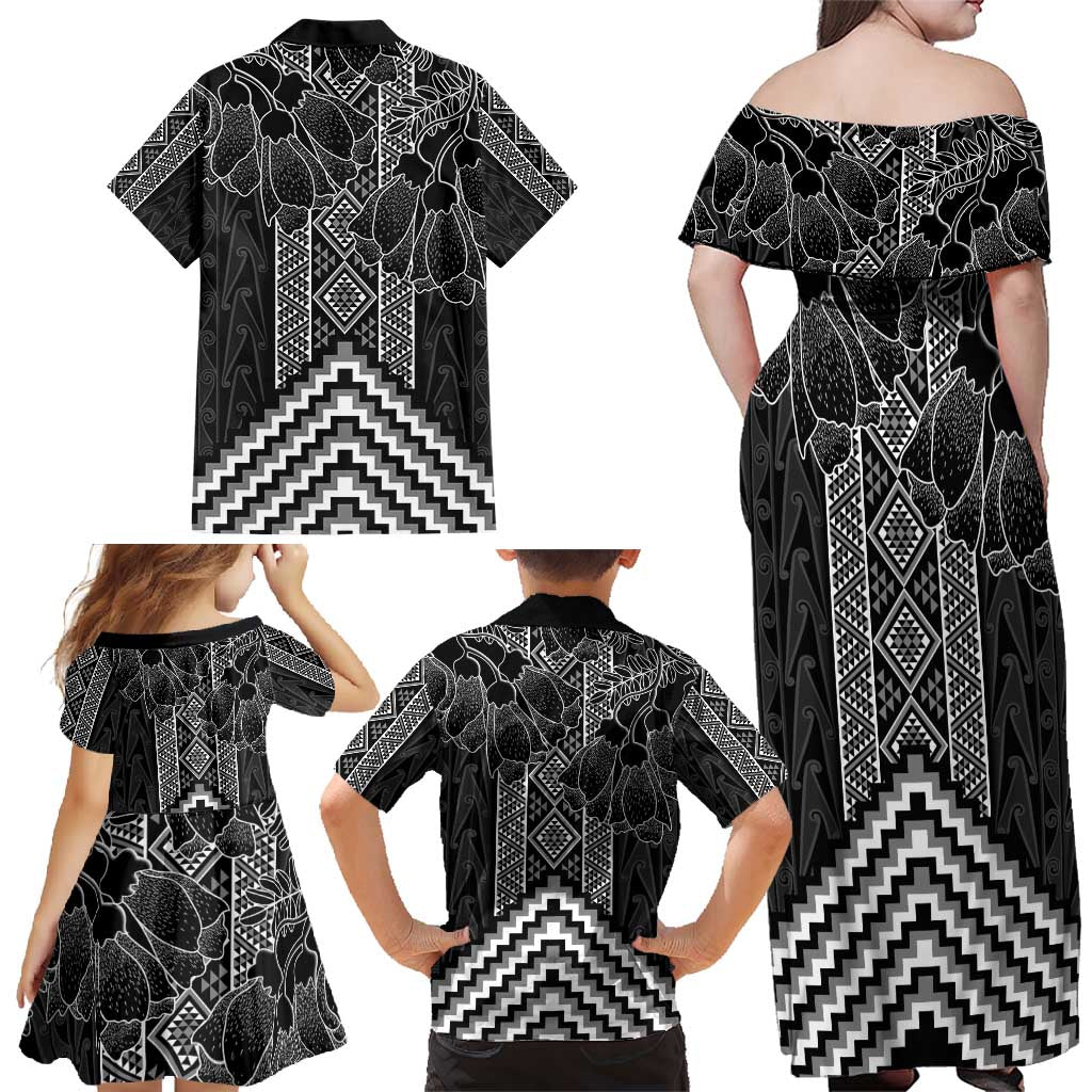 Aotearoa Taniko Pattern Family Matching Off Shoulder Maxi Dress and Hawaiian Shirt Poutama Mix Kowhai Flowers