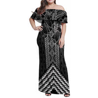 Aotearoa Taniko Pattern Family Matching Off Shoulder Maxi Dress and Hawaiian Shirt Poutama Mix Kowhai Flowers