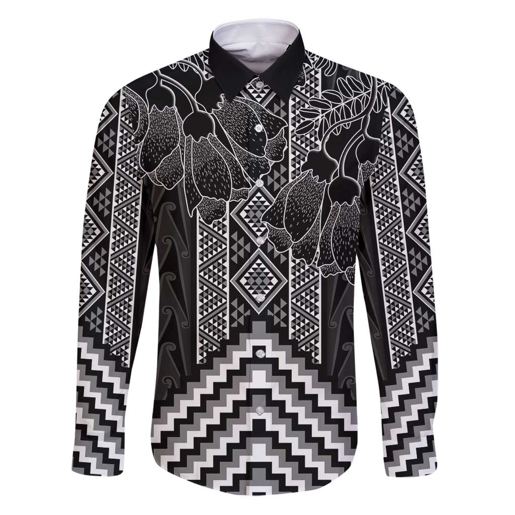 Aotearoa Taniko Pattern Family Matching Puletasi and Hawaiian Shirt Poutama Mix Kowhai Flowers LT7 Dad's Shirt - Long Sleeve Grey - Polynesian Pride