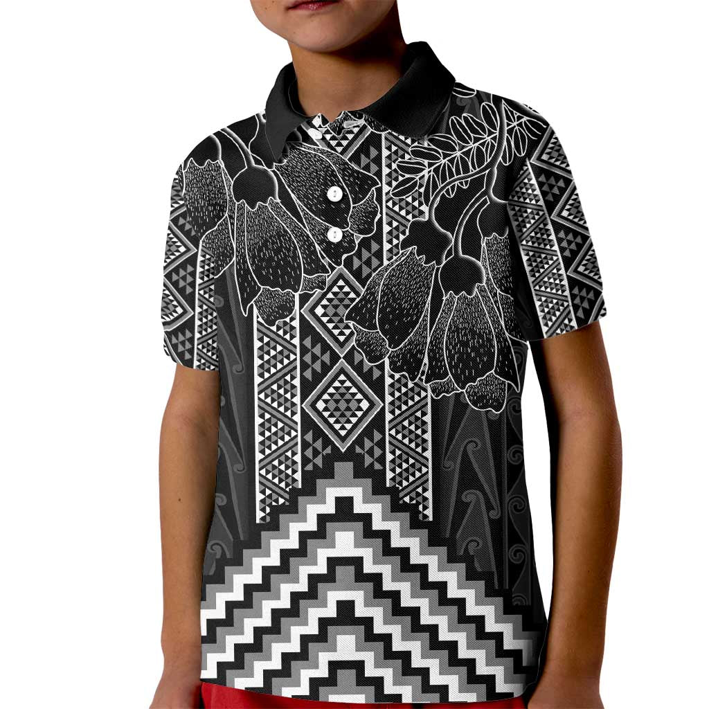 Aotearoa Taniko Pattern Kid Polo Shirt Poutama Mix Kowhai Flowers LT7 Kid Grey - Polynesian Pride