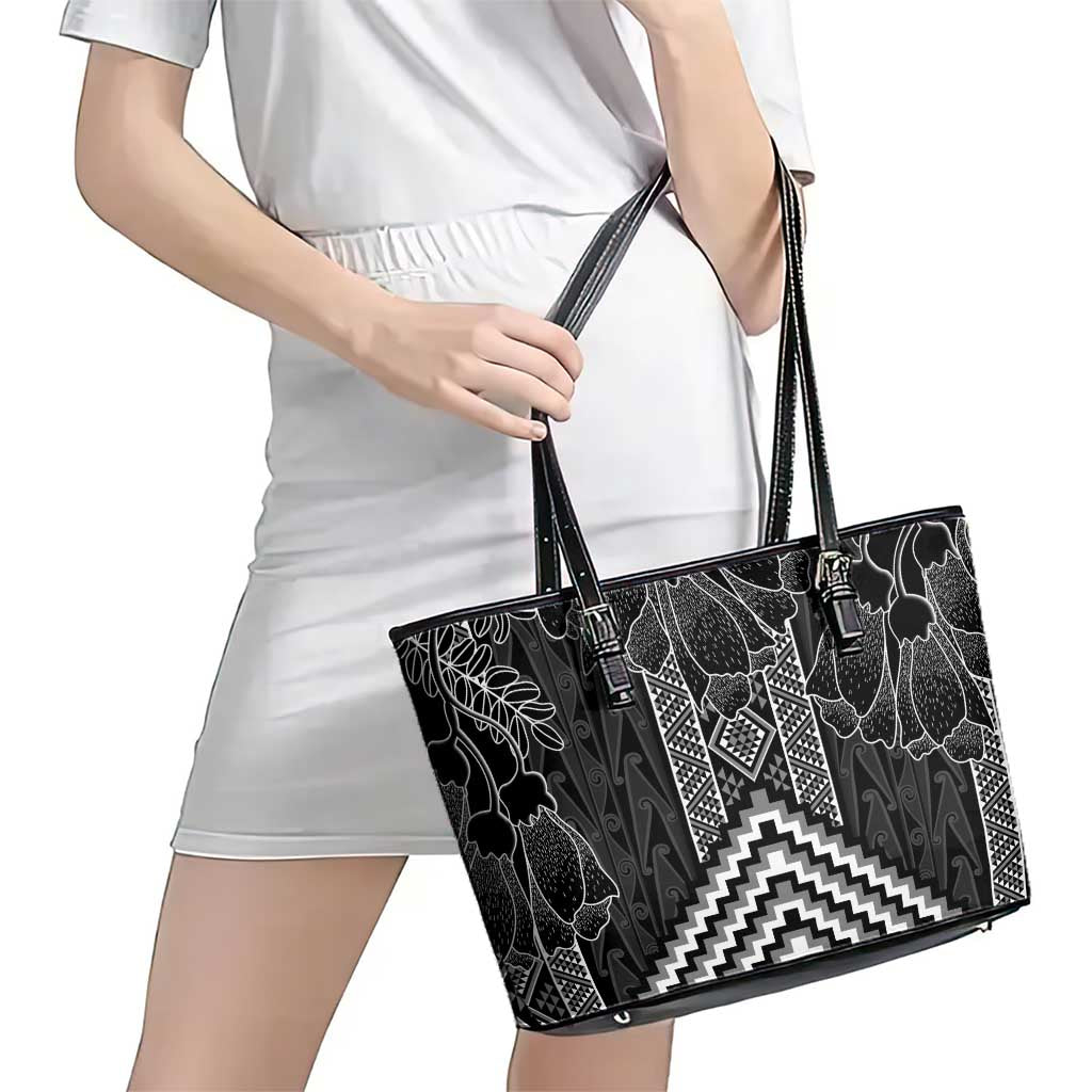 Aotearoa Taniko Pattern Leather Tote Bag Poutama Mix Kowhai Flowers LT7 - Polynesian Pride