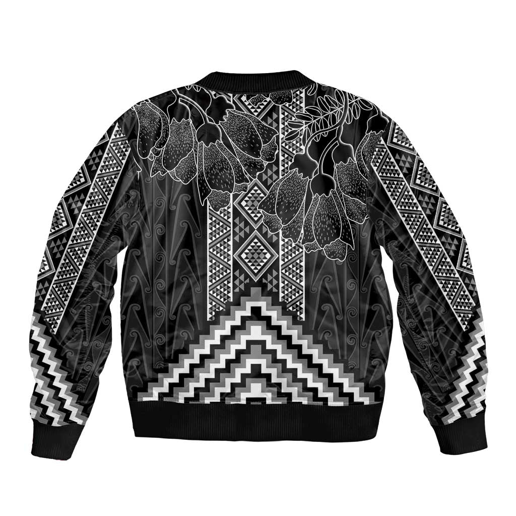 Aotearoa Taniko Pattern Sleeve Zip Bomber Jacket Poutama Mix Kowhai Flowers LT7 - Polynesian Pride
