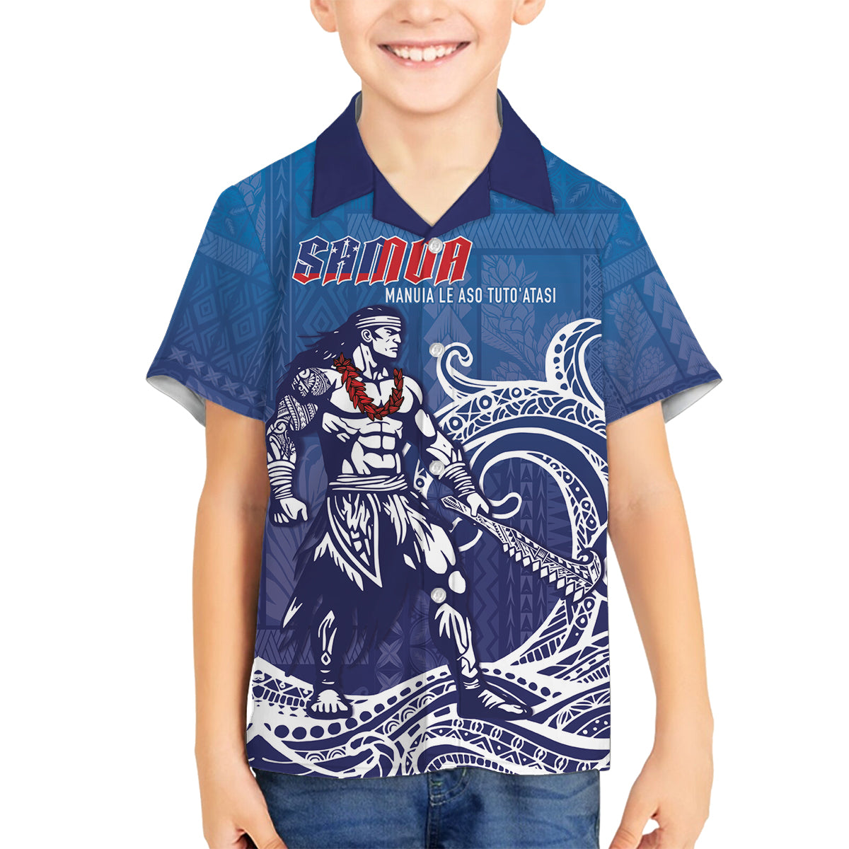 Samoa Manuia le Aso Tuto'atasi Siapo Motif Family Matching Off The Shoulder Long Sleeve Dress and Hawaiian Shirt Warrior with Nifo Oti