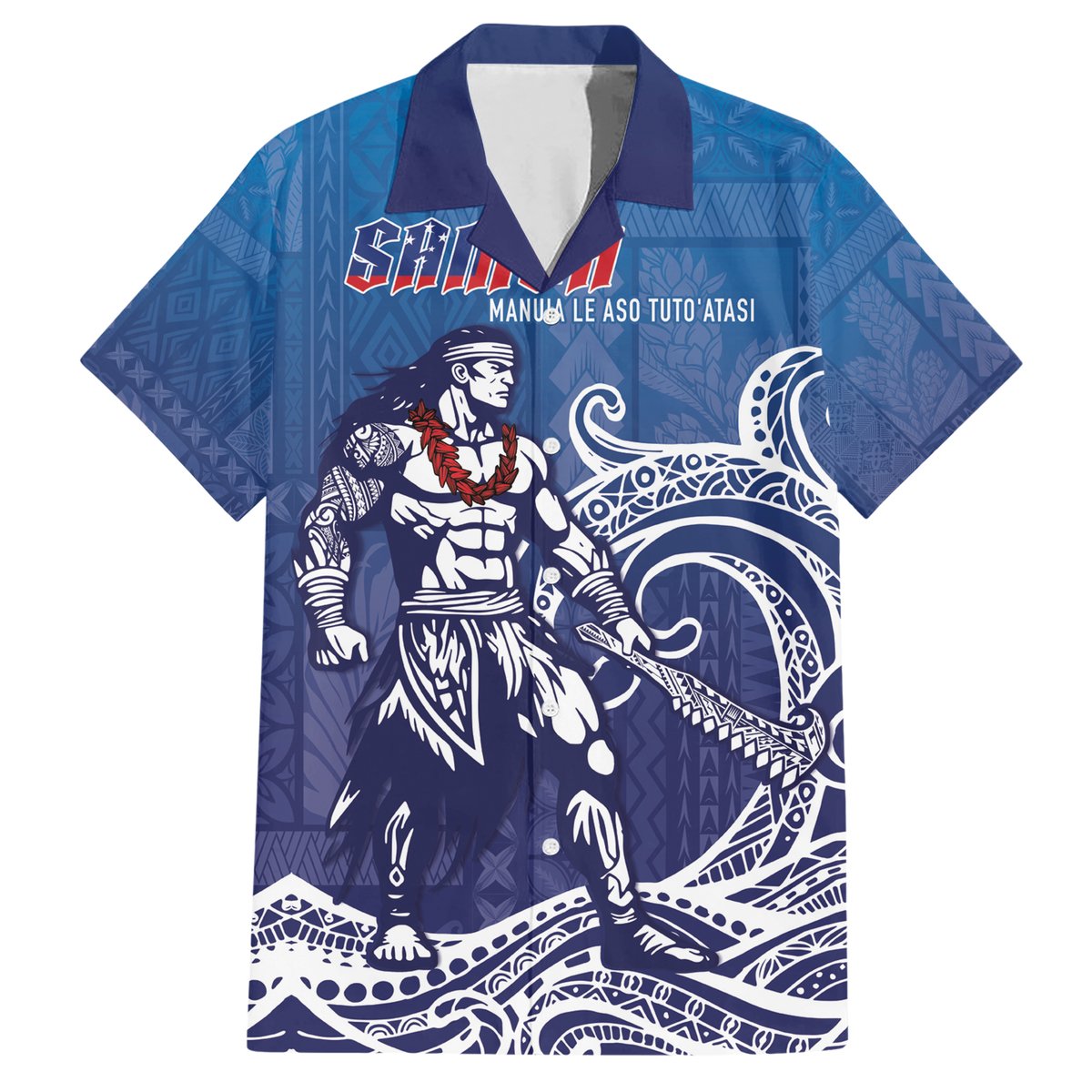 Samoa Manuia le Aso Tuto'atasi Siapo Motif Hawaiian Shirt Warrior with Nifo Oti LT7 Blue - Polynesian Pride