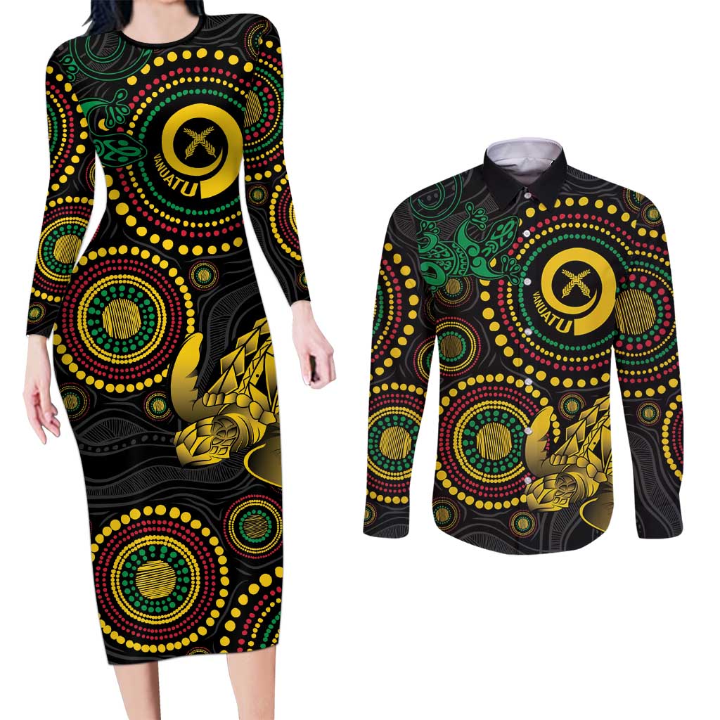 Vanuatu Personalized Aboriginal Arts Couples Matching Long Sleeve Bodycon Dress and Long Sleeve Button Shirt Turtle and Iguana Special - Polynesian Pride