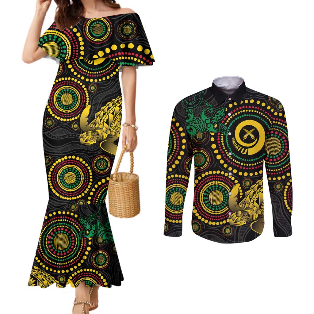Vanuatu Personalized Aboriginal Arts Couples Matching Mermaid Dress and Long Sleeve Button Shirt Turtle and Iguana Special - Polynesian Pride