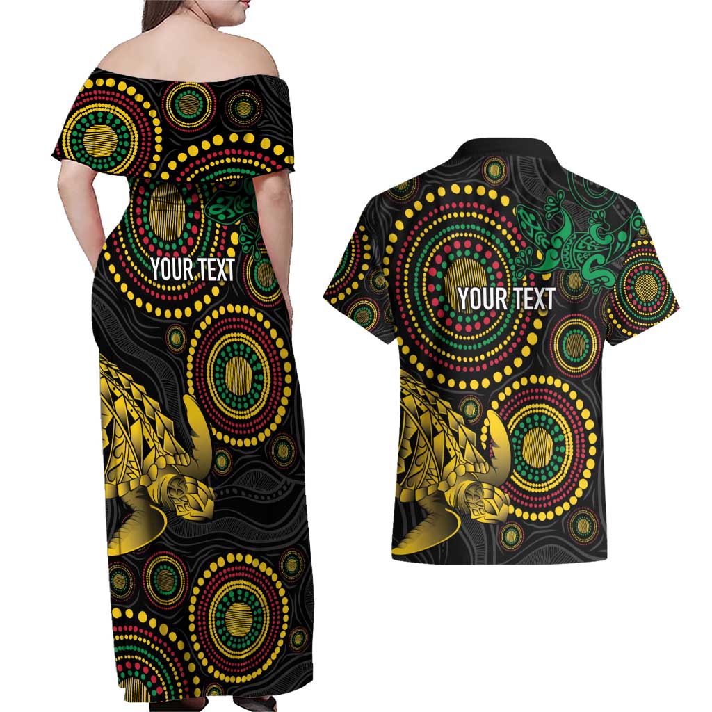 Vanuatu Personalized Aboriginal Arts Couples Matching Off Shoulder Maxi Dress and Hawaiian Shirt Turtle and Iguana Special - Polynesian Pride