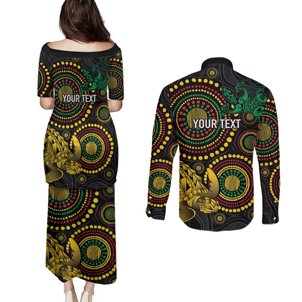 Vanuatu Personalized Aboriginal Arts Couples Matching Puletasi and Long Sleeve Button Shirt Turtle and Iguana Special - Polynesian Pride