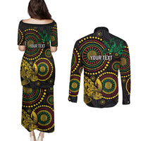 Vanuatu Personalized Aboriginal Arts Couples Matching Puletasi and Long Sleeve Button Shirt Turtle and Iguana Special - Polynesian Pride