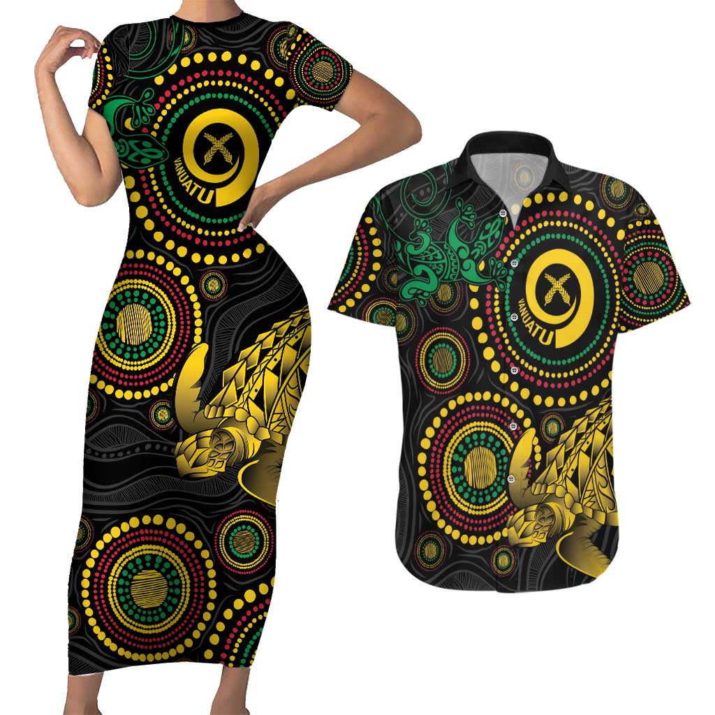 Vanuatu Personalized Aboriginal Arts Couples Matching Short Sleeve Bodycon Dress and Hawaiian Shirt Turtle and Iguana Special - Polynesian Pride