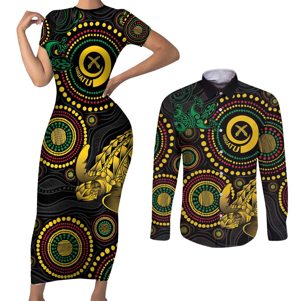 Vanuatu Personalized Aboriginal Arts Couples Matching Short Sleeve Bodycon Dress and Long Sleeve Button Shirt Turtle and Iguana Special - Polynesian Pride