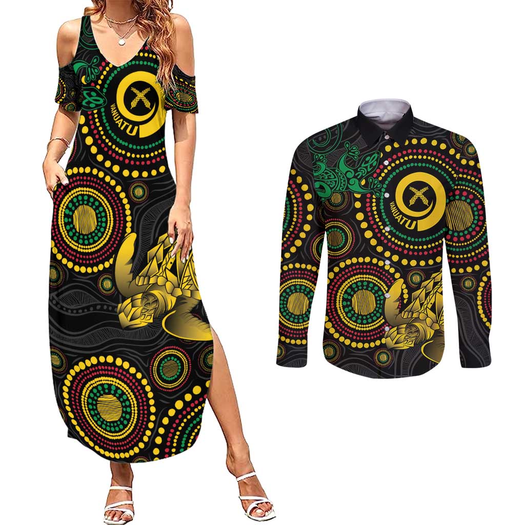 Vanuatu Personalized Aboriginal Arts Couples Matching Summer Maxi Dress and Long Sleeve Button Shirt Turtle and Iguana Special - Polynesian Pride