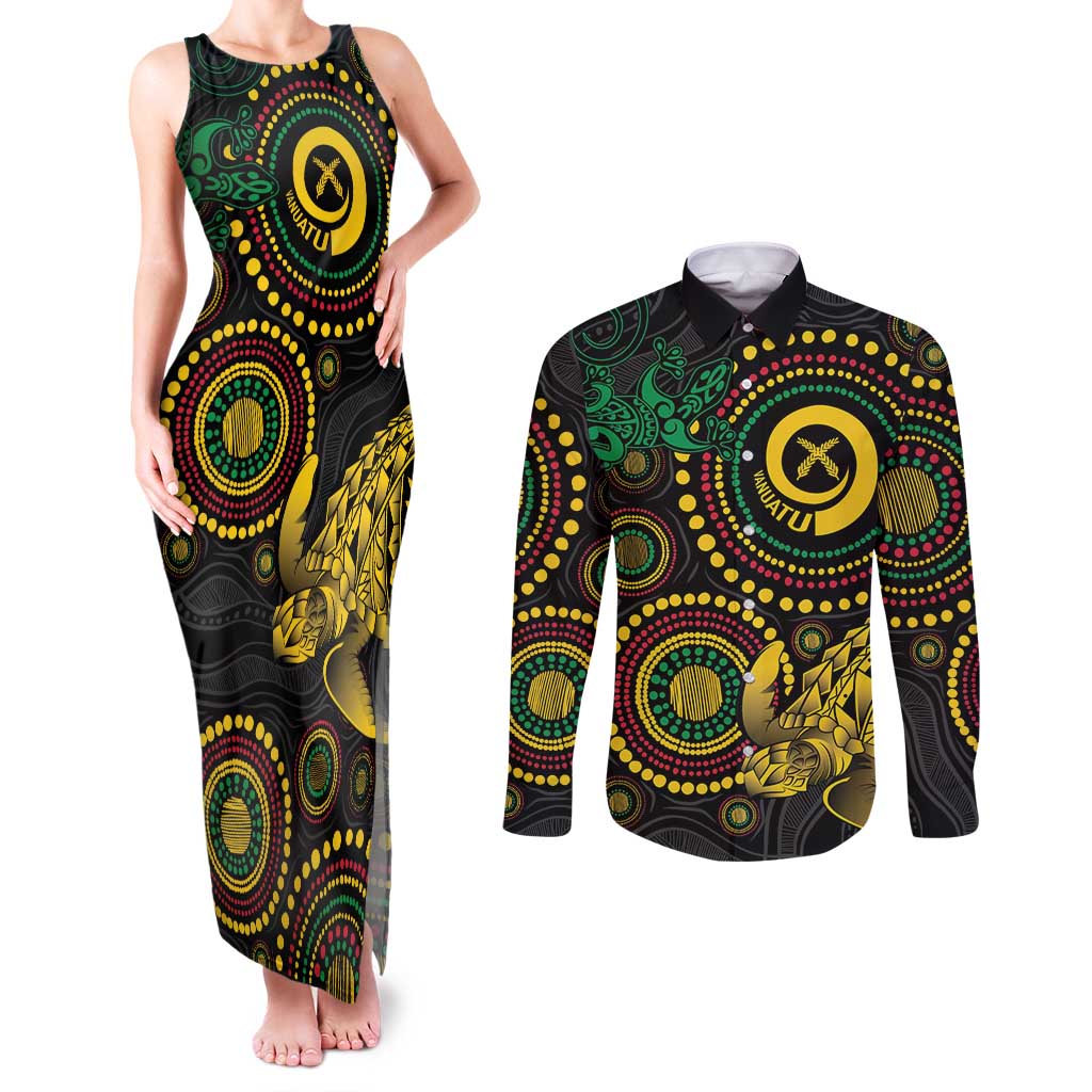 Vanuatu Personalized Aboriginal Arts Couples Matching Tank Maxi Dress and Long Sleeve Button Shirt Turtle and Iguana Special - Polynesian Pride