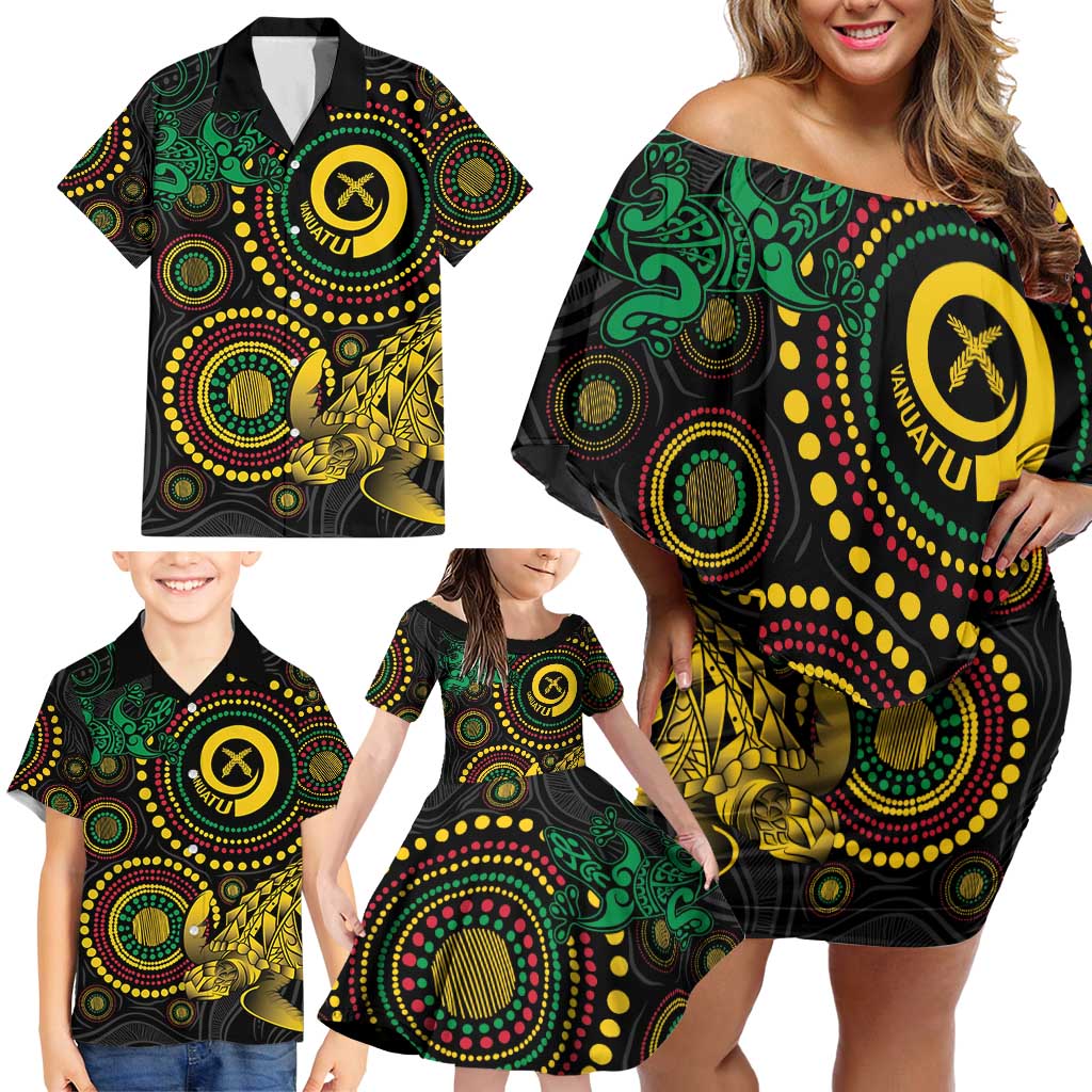 Vanuatu Personalized Aboriginal Arts Family Matching Off Shoulder Short Dress and Hawaiian Shirt Turtle and Iguana Special - Polynesian Pride