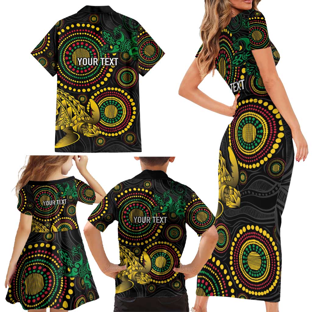 Vanuatu Personalized Aboriginal Arts Family Matching Short Sleeve Bodycon Dress and Hawaiian Shirt Turtle and Iguana Special - Polynesian Pride