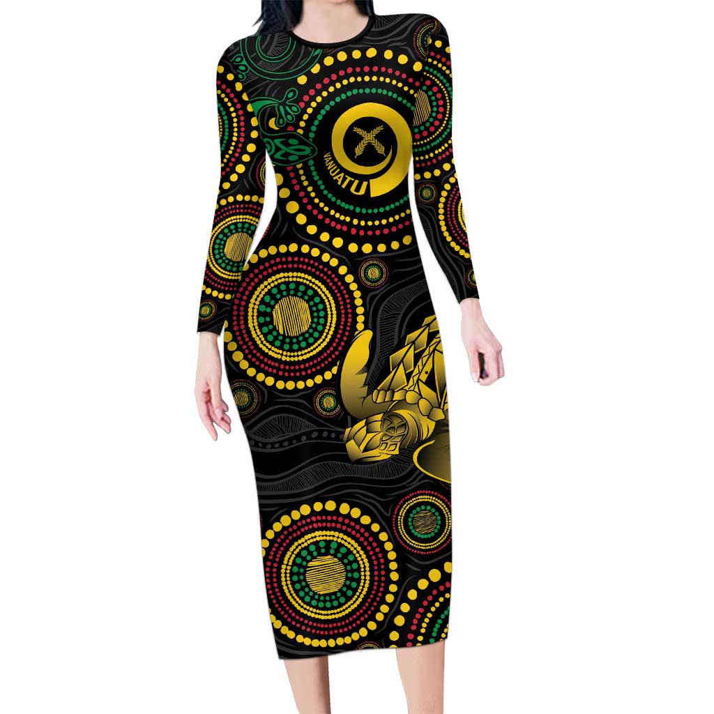 Vanuatu Personalized Aboriginal Arts Long Sleeve Bodycon Dress Turtle and Iguana Special - Polynesian Pride