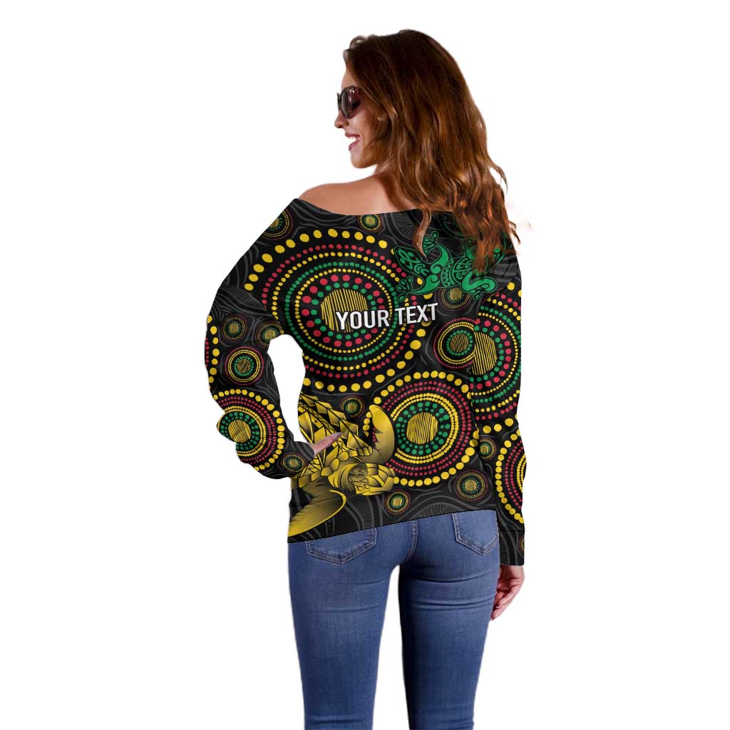 Vanuatu Personalized Aboriginal Arts Off Shoulder Sweater Turtle and Iguana Special - Polynesian Pride