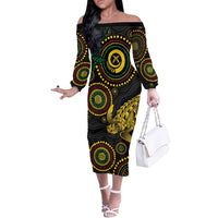 Vanuatu Personalized Aboriginal Arts Off The Shoulder Long Sleeve Dress Turtle and Iguana Special - Polynesian Pride