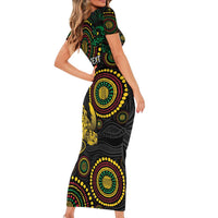 Vanuatu Personalized Aboriginal Arts Short Sleeve Bodycon Dress Turtle and Iguana Special - Polynesian Pride