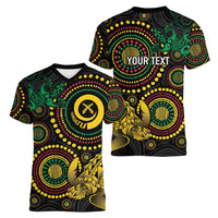 Vanuatu Personalized Aboriginal Arts Women V-Neck T-Shirt Turtle and Iguana Special - Polynesian Pride