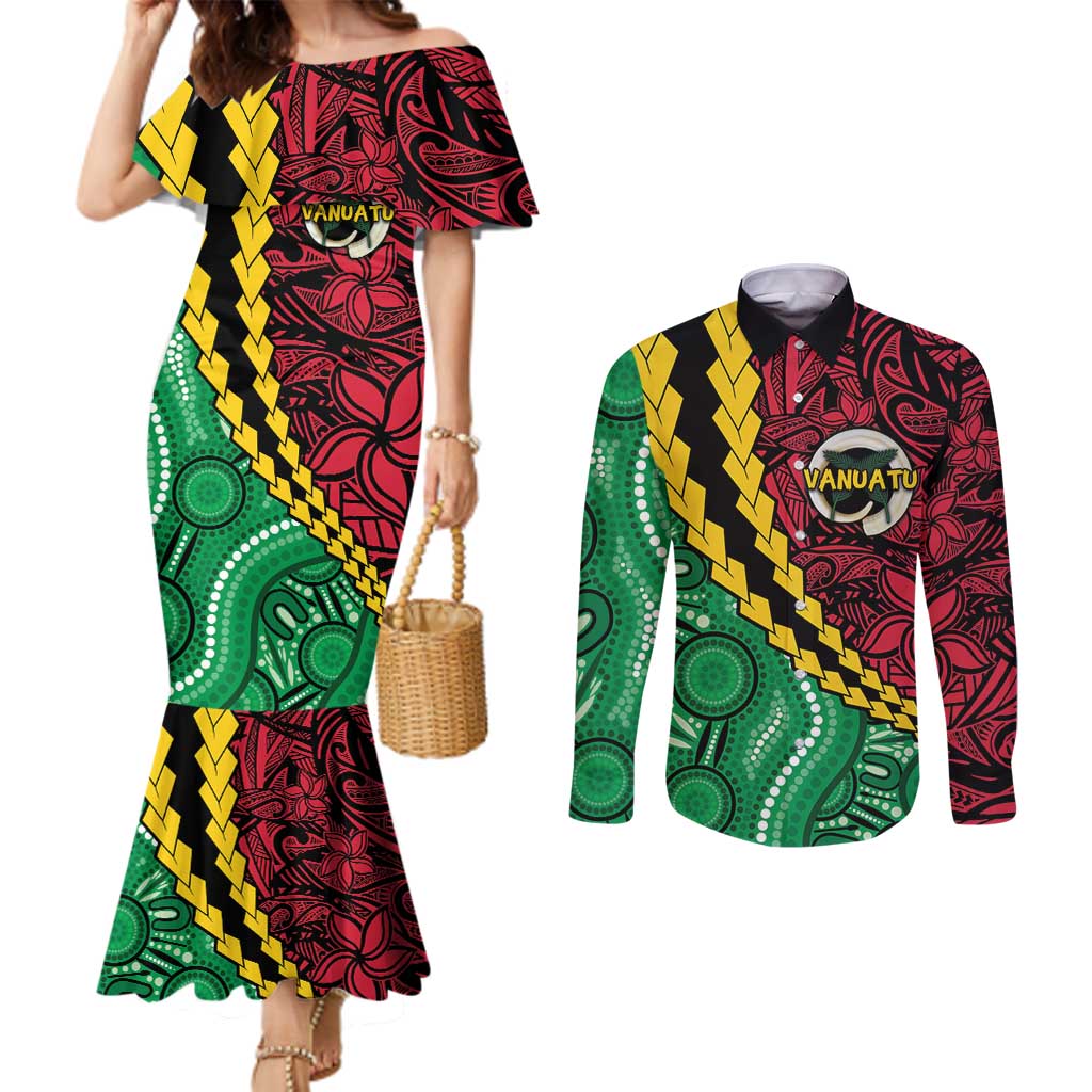 Vanuatu Personalized Tribal Couples Matching Mermaid Dress and Long Sleeve Button Shirt Aboriginal Inspired Mix Style - Polynesian Pride