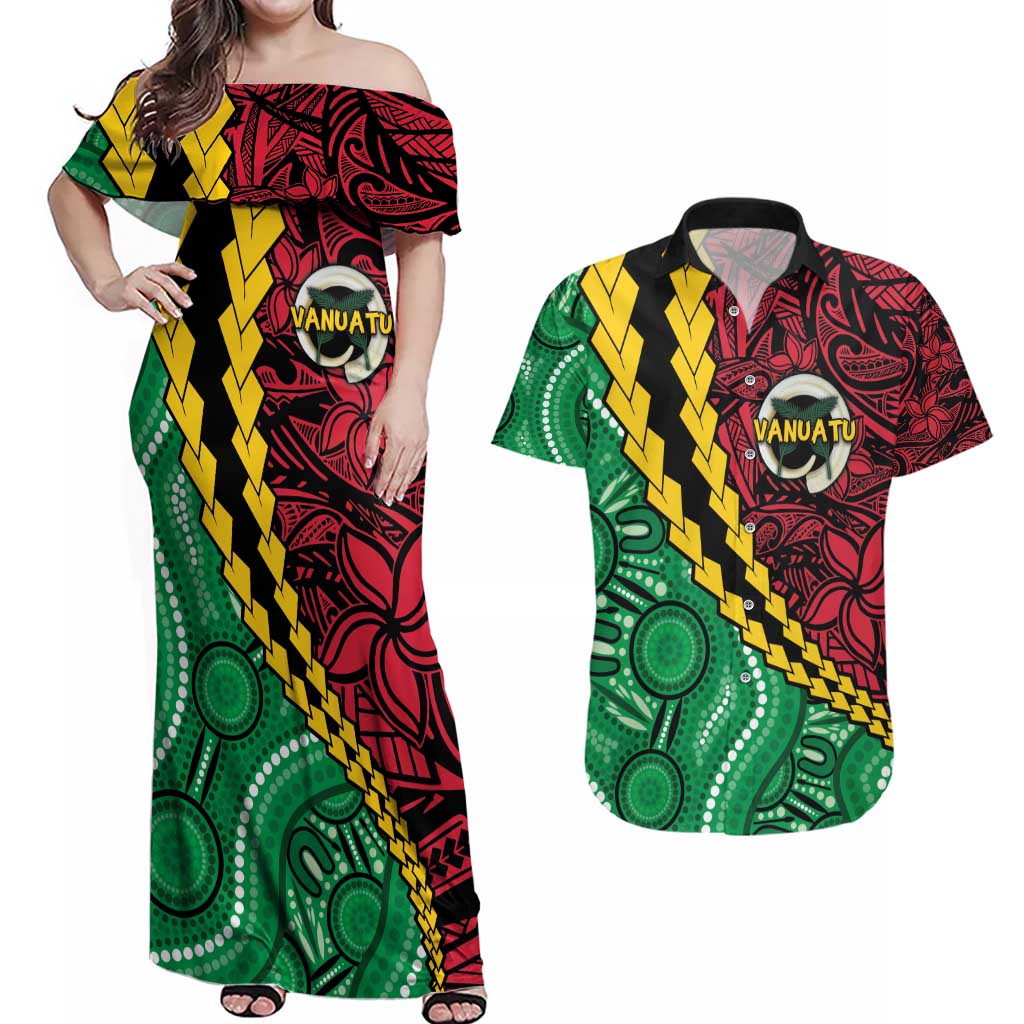 Vanuatu Personalized Tribal Couples Matching Off Shoulder Maxi Dress and Hawaiian Shirt Aboriginal Inspired Mix Style - Polynesian Pride