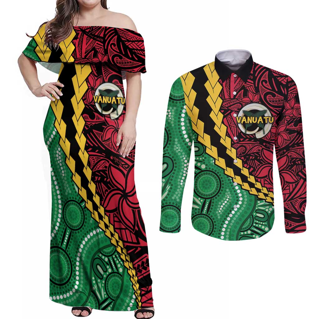 Vanuatu Personalized Tribal Couples Matching Off Shoulder Maxi Dress and Long Sleeve Button Shirt Aboriginal Inspired Mix Style - Polynesian Pride