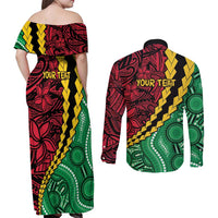 Vanuatu Personalized Tribal Couples Matching Off Shoulder Maxi Dress and Long Sleeve Button Shirt Aboriginal Inspired Mix Style - Polynesian Pride