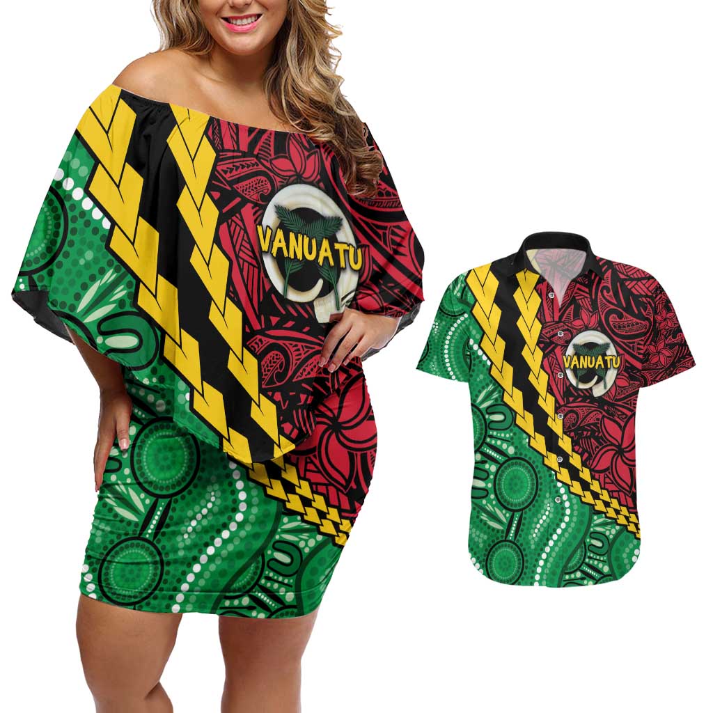 Vanuatu Personalized Tribal Couples Matching Off Shoulder Short Dress and Hawaiian Shirt Aboriginal Inspired Mix Style - Polynesian Pride