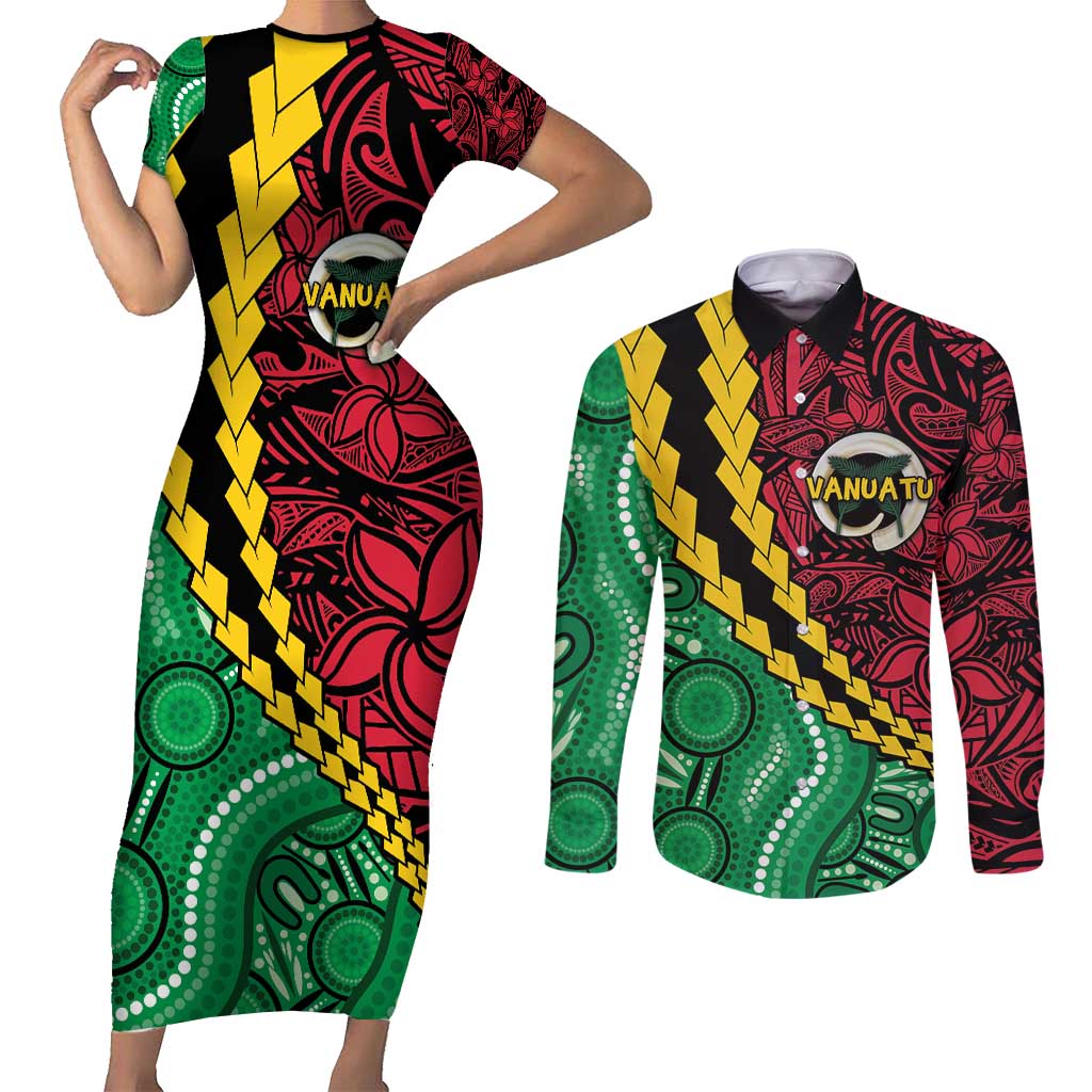 Vanuatu Personalized Tribal Couples Matching Short Sleeve Bodycon Dress and Long Sleeve Button Shirt Aboriginal Inspired Mix Style - Polynesian Pride