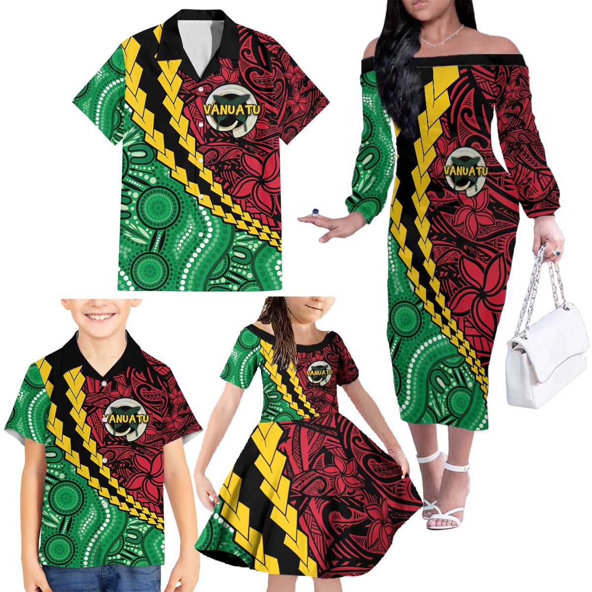Vanuatu Personalized Tribal Family Matching Off The Shoulder Long Sleeve Dress and Hawaiian Shirt Aboriginal Inspired Mix Style - Polynesian Pride
