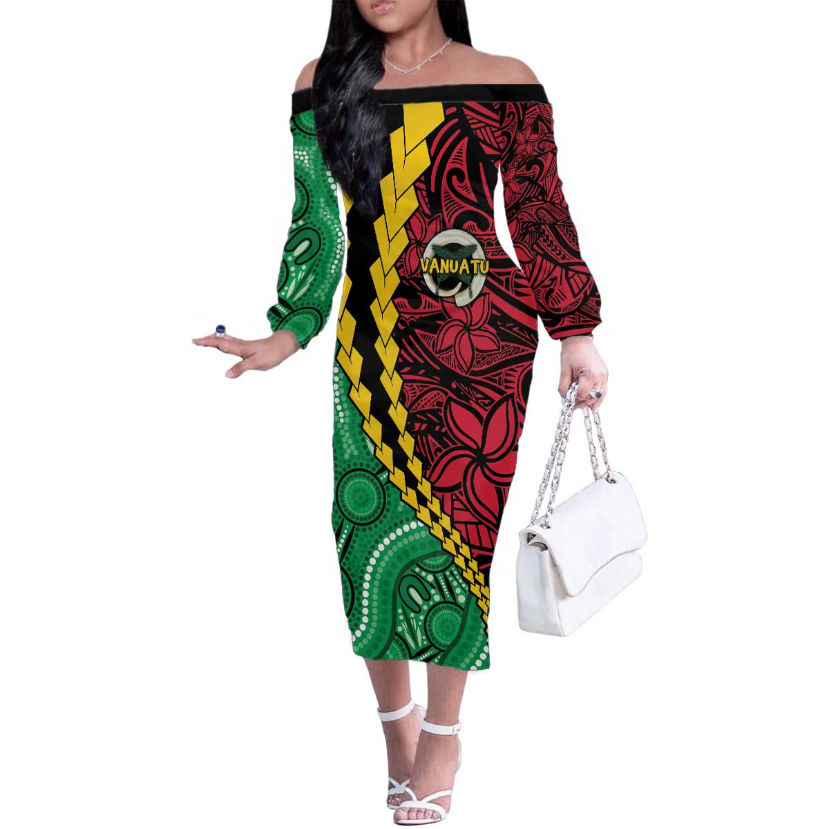 Vanuatu Personalized Tribal Family Matching Off The Shoulder Long Sleeve Dress and Hawaiian Shirt Aboriginal Inspired Mix Style - Polynesian Pride