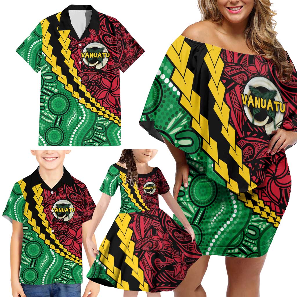 Vanuatu Personalized Tribal Family Matching Off Shoulder Short Dress and Hawaiian Shirt Aboriginal Inspired Mix Style - Polynesian Pride