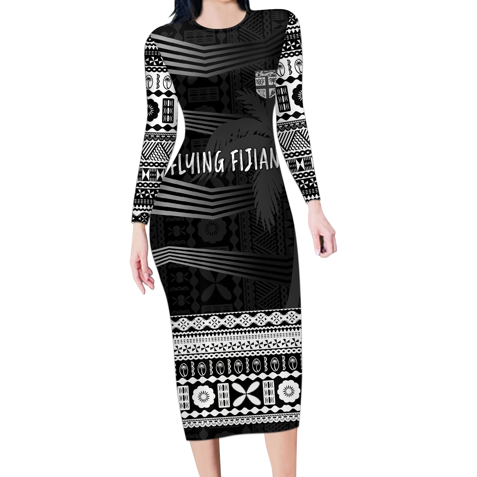 Personalised Fiji Rugby Long Sleeve Bodycon Dress Kaiviti WC 2023 Jersey Replica - Black LT7 Long Dress Black - Polynesian Pride