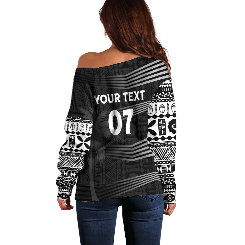 Personalised Fiji Rugby Off Shoulder Sweater Kaiviti WC 2023 Jersey Replica - Black LT7 - Polynesian Pride
