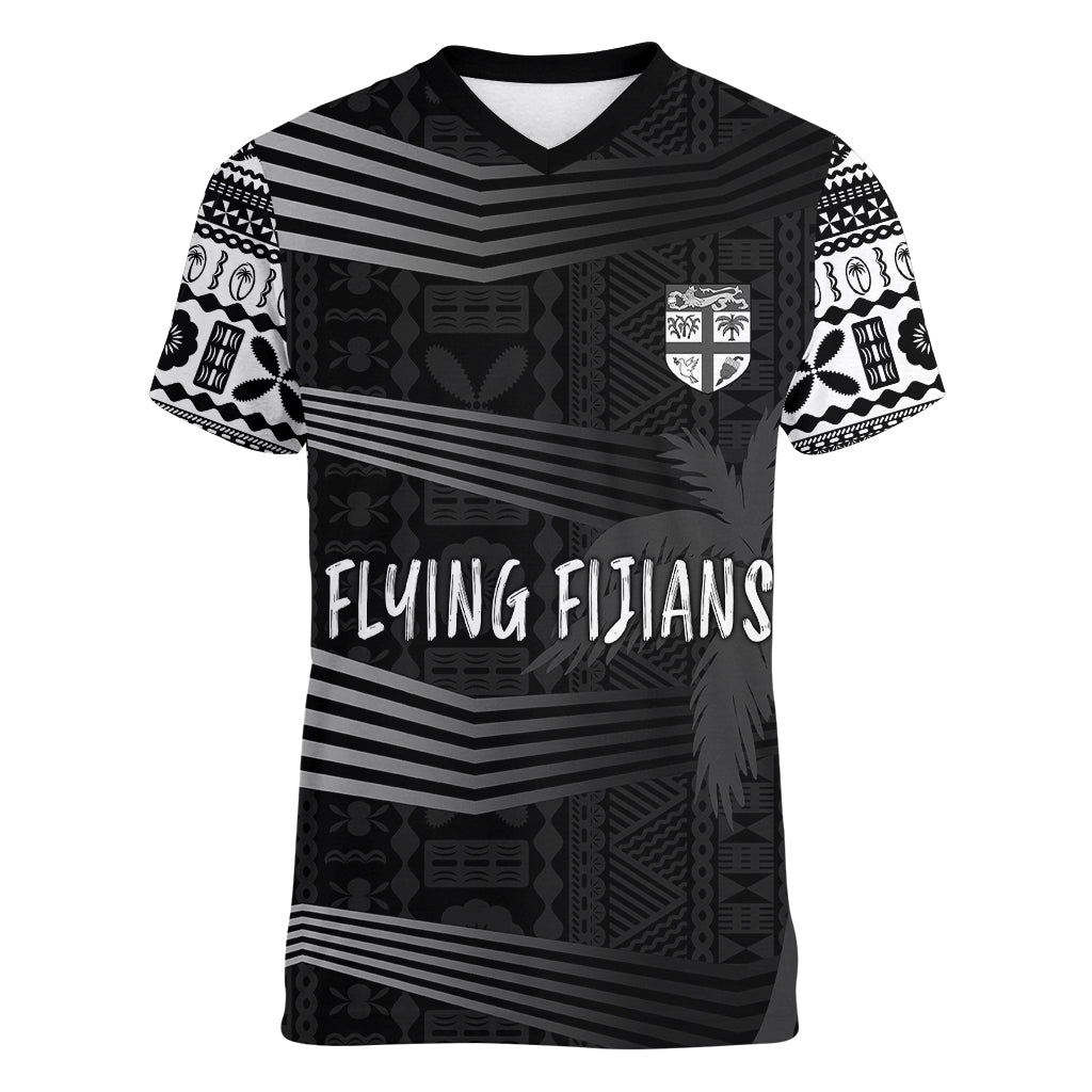 Personalised Fiji Rugby Women V Neck T Shirt Kaiviti WC 2023 Jersey Replica - Black LT7 Female Black - Polynesian Pride