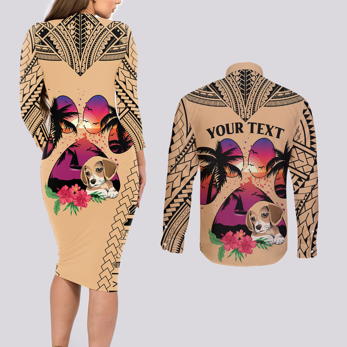 Personalised Polynesian Couples Matching Long Sleeve Bodycon Dress and Long Sleeve Button Shirts Dog Lover With Beagle - Sunset At The Beach LT7 - Polynesian Pride
