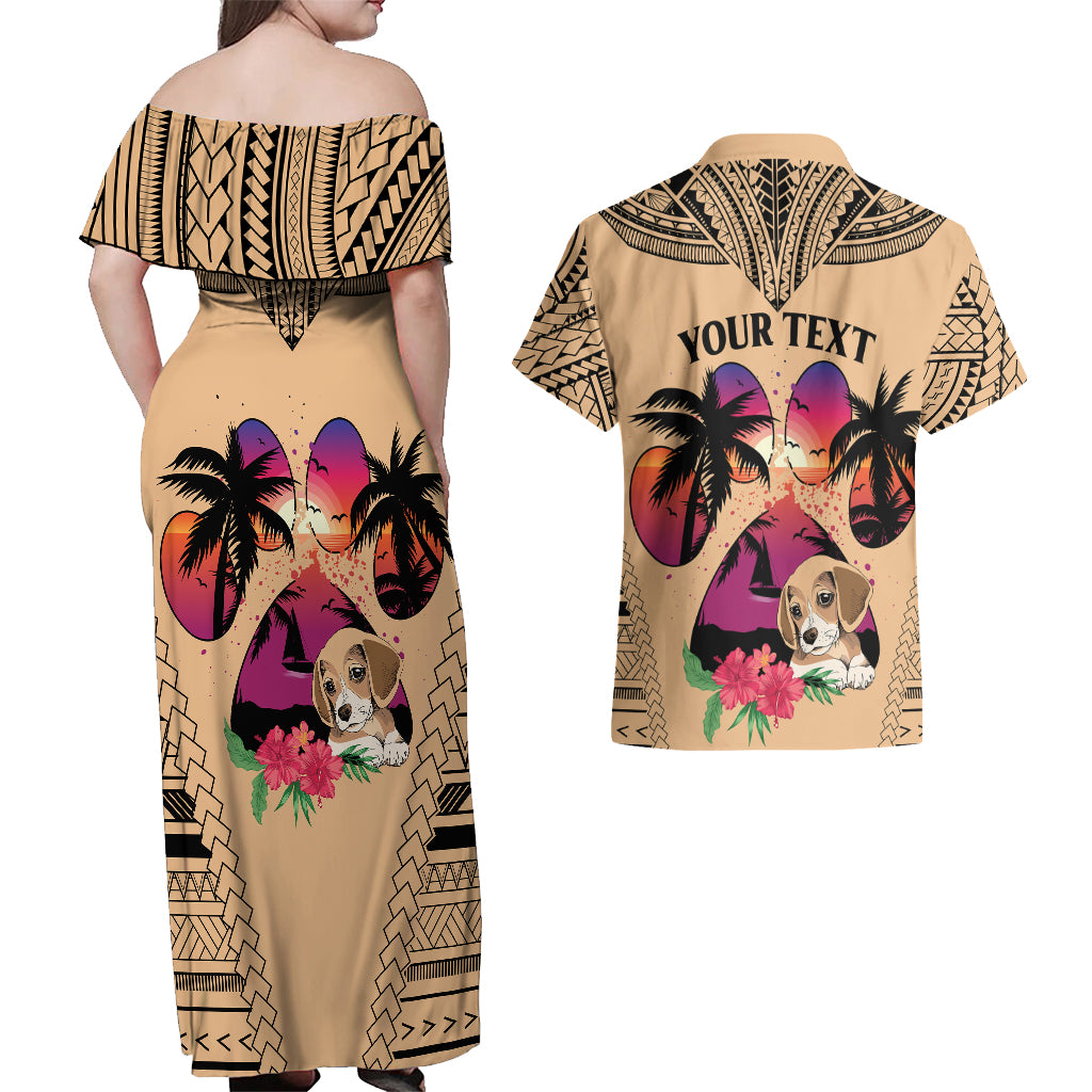 Personalised Polynesian Couples Matching Off Shoulder Maxi Dress and Hawaiian Shirt Dog Lover With Beagle - Sunset At The Beach LT7 - Polynesian Pride