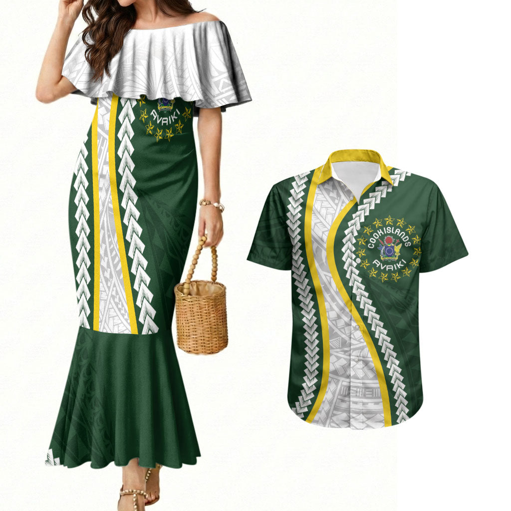 Cook Islands Rugby Personalized Avaiki Couples Matching Mermaid Dress and Hawaiian Shirt GO Kuki LT7 Green - Polynesian Pride