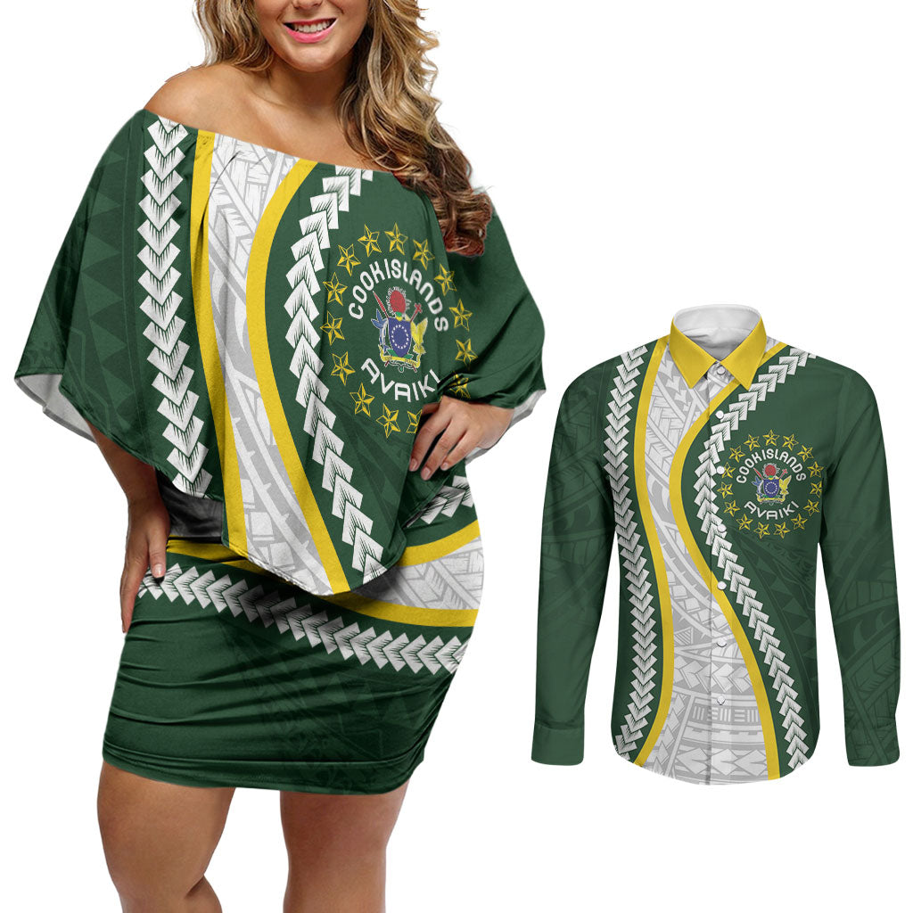 Cook Islands Rugby Personalized Avaiki Couples Matching Off Shoulder Short Dress and Long Sleeve Button Shirt GO Kuki LT7 Green - Polynesian Pride