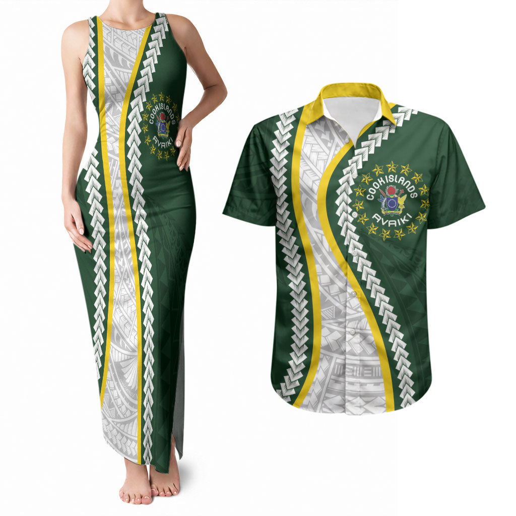 Cook Islands Rugby Personalized Avaiki Couples Matching Tank Maxi Dress and Hawaiian Shirt GO Kuki LT7 Green - Polynesian Pride