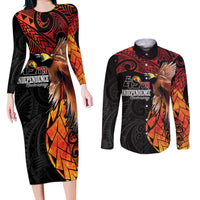 Papua New Guinea Personalised Couples Matching Long Sleeve Bodycon Dress and Long Sleeve Button Shirt Grunge Style 49th Independence Anni LT7 Black Red - Polynesian Pride