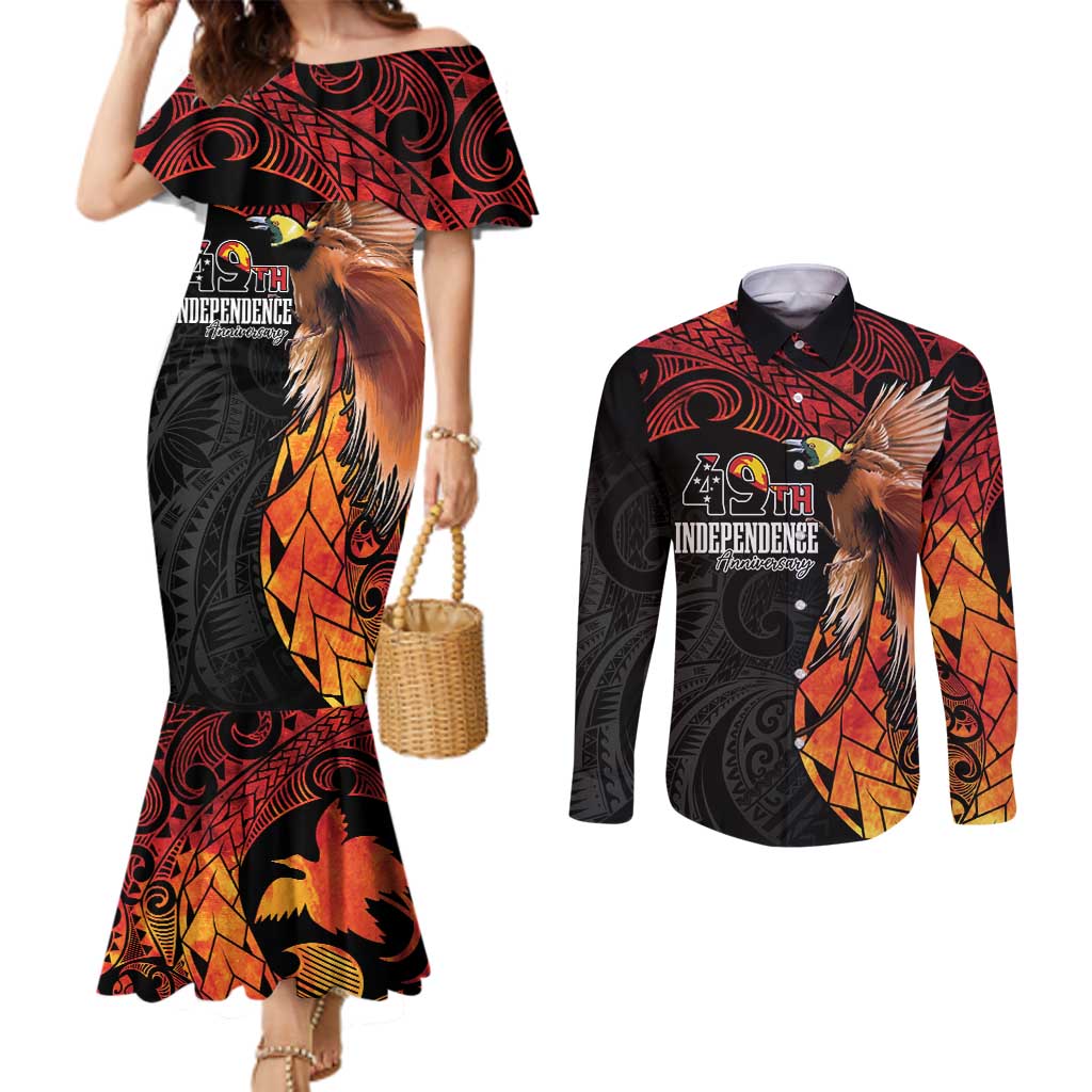 Papua New Guinea Personalised Couples Matching Mermaid Dress and Long Sleeve Button Shirt Grunge Style 49th Independence Anni LT7 Black Red - Polynesian Pride