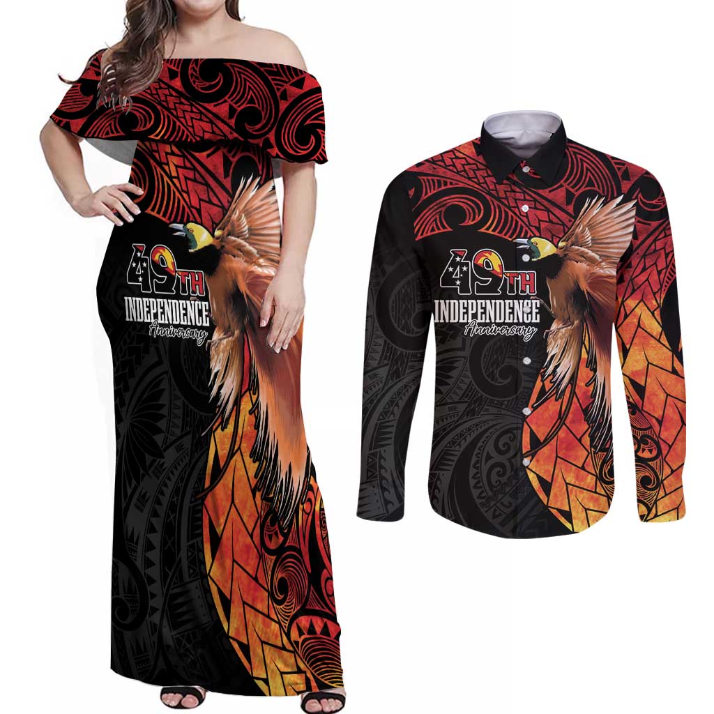 Papua New Guinea Personalised Couples Matching Off Shoulder Maxi Dress and Long Sleeve Button Shirt Grunge Style 49th Independence Anni LT7 Black Red - Polynesian Pride