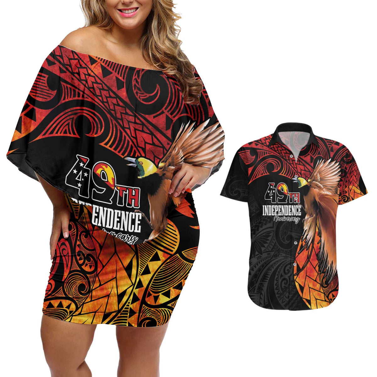Papua New Guinea Personalised Couples Matching Off Shoulder Short Dress and Hawaiian Shirt Grunge Style 49th Independence Anni