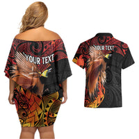 Papua New Guinea Personalised Couples Matching Off Shoulder Short Dress and Hawaiian Shirt Grunge Style 49th Independence Anni
