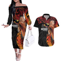 Papua New Guinea Personalised Couples Matching Off The Shoulder Long Sleeve Dress and Hawaiian Shirt Grunge Style 49th Independence Anni